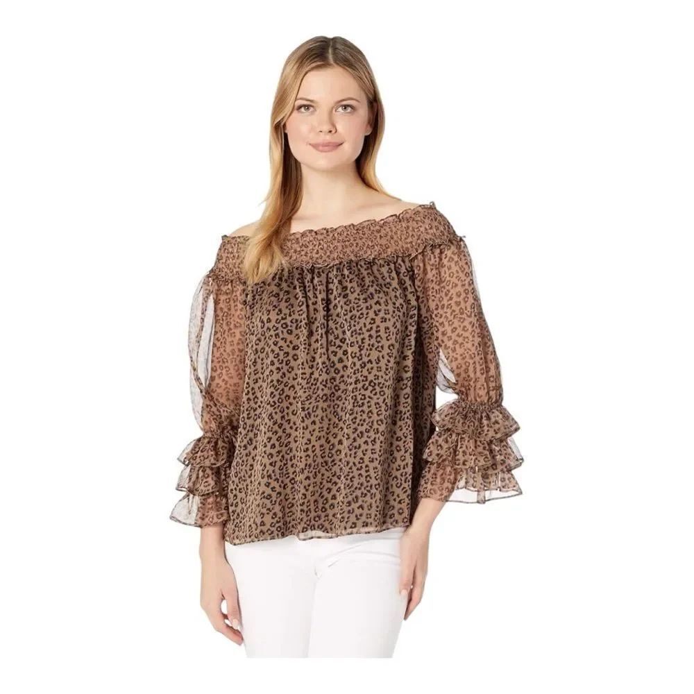 CeCe Brown Leopard Print Off-Shoulder Blouse Sheer Sleeves Ruffles Feminine
